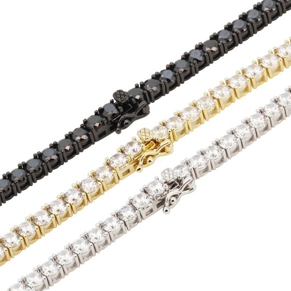 14k Yellow/White Gold Black GP CZ 3mm Tennis Chain Necklace Bracelet 6.5”-24”